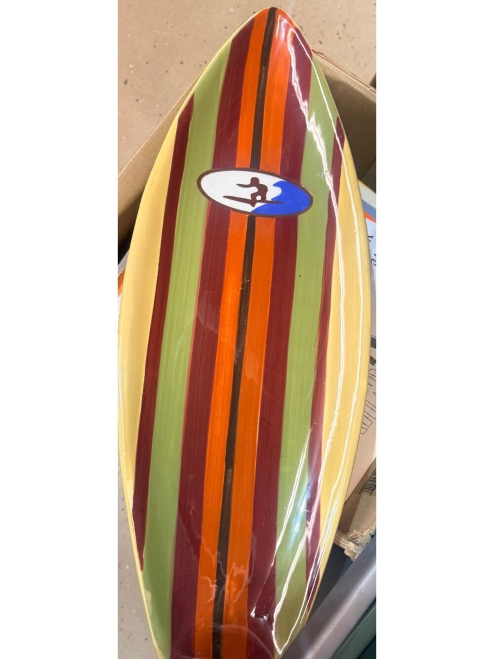 Surfboard-Shaped Ceramic Platter With Multicolor Stripes & Surfer Design Fresh D